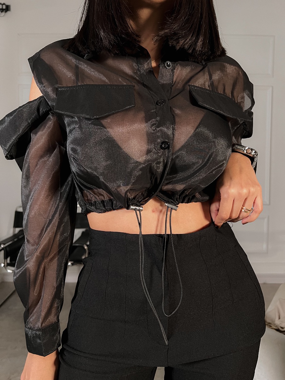 Blusa organza negro M/Larga Letícia