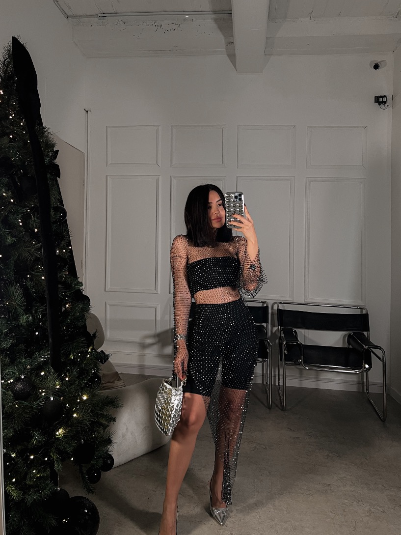 Vestido manga/l malla glitters Clarisa